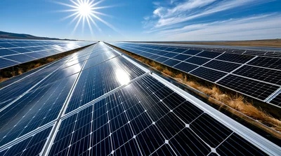 Solar Panel Farm Under Bright Sunny Sky
