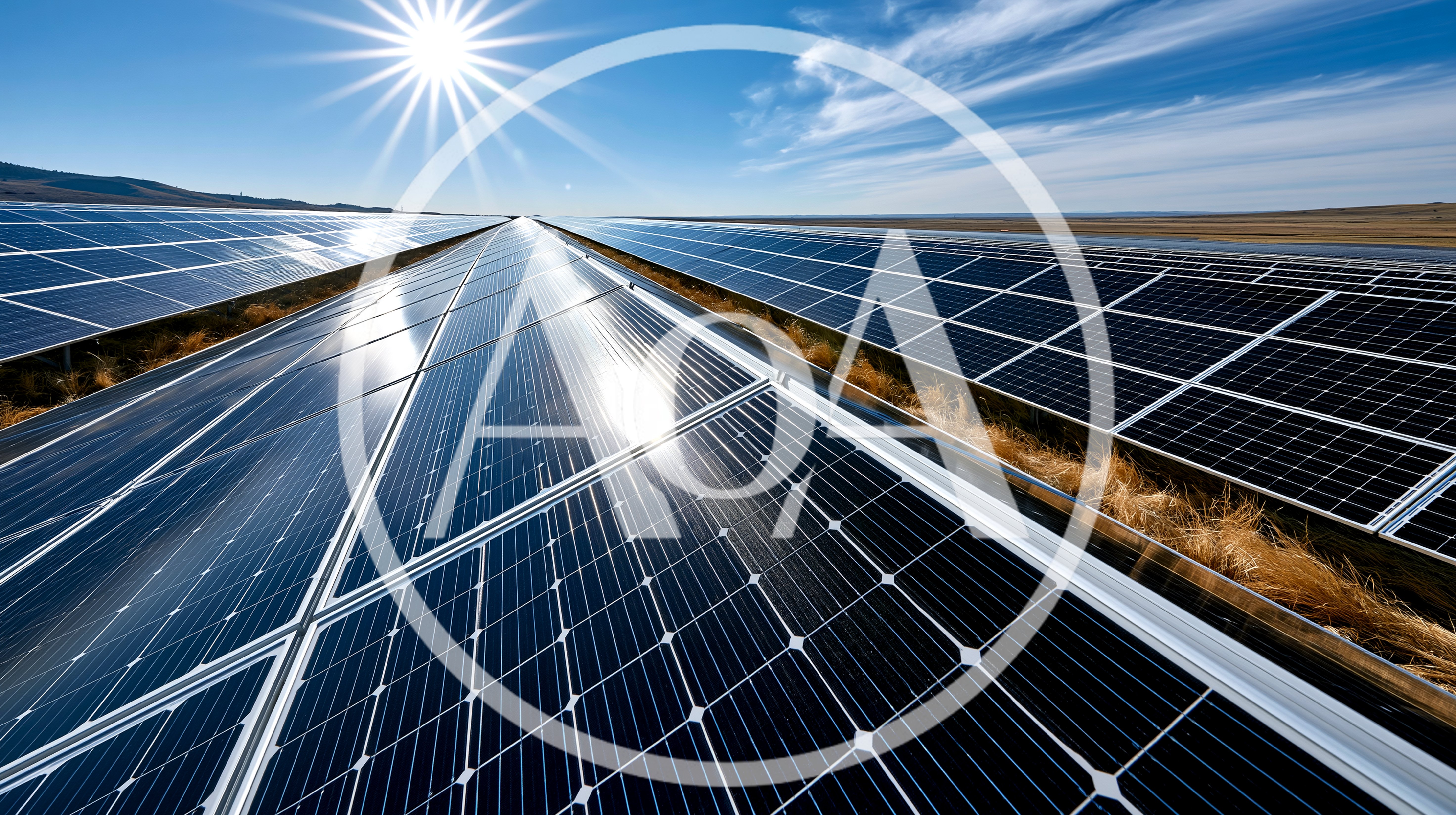 Solar Panel Farm Under Bright Sunny Sky