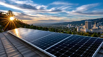 Solar Panels Installed On Residential Rooftop At Sunset