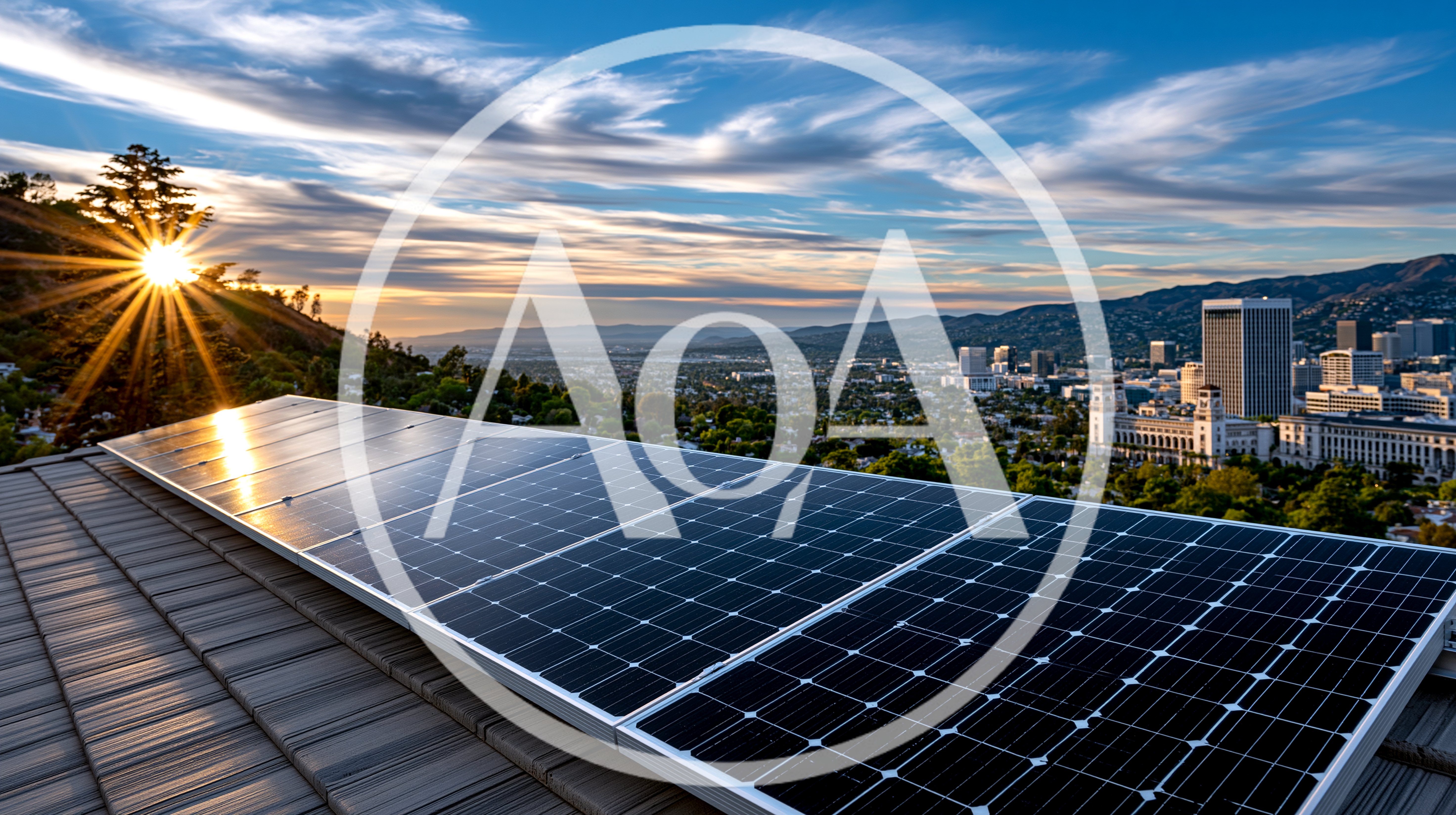 Solar Panels Installed On Residential Rooftop At Sunset