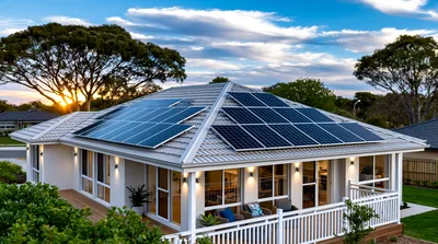 Modern House With Solar Panels At Sunset