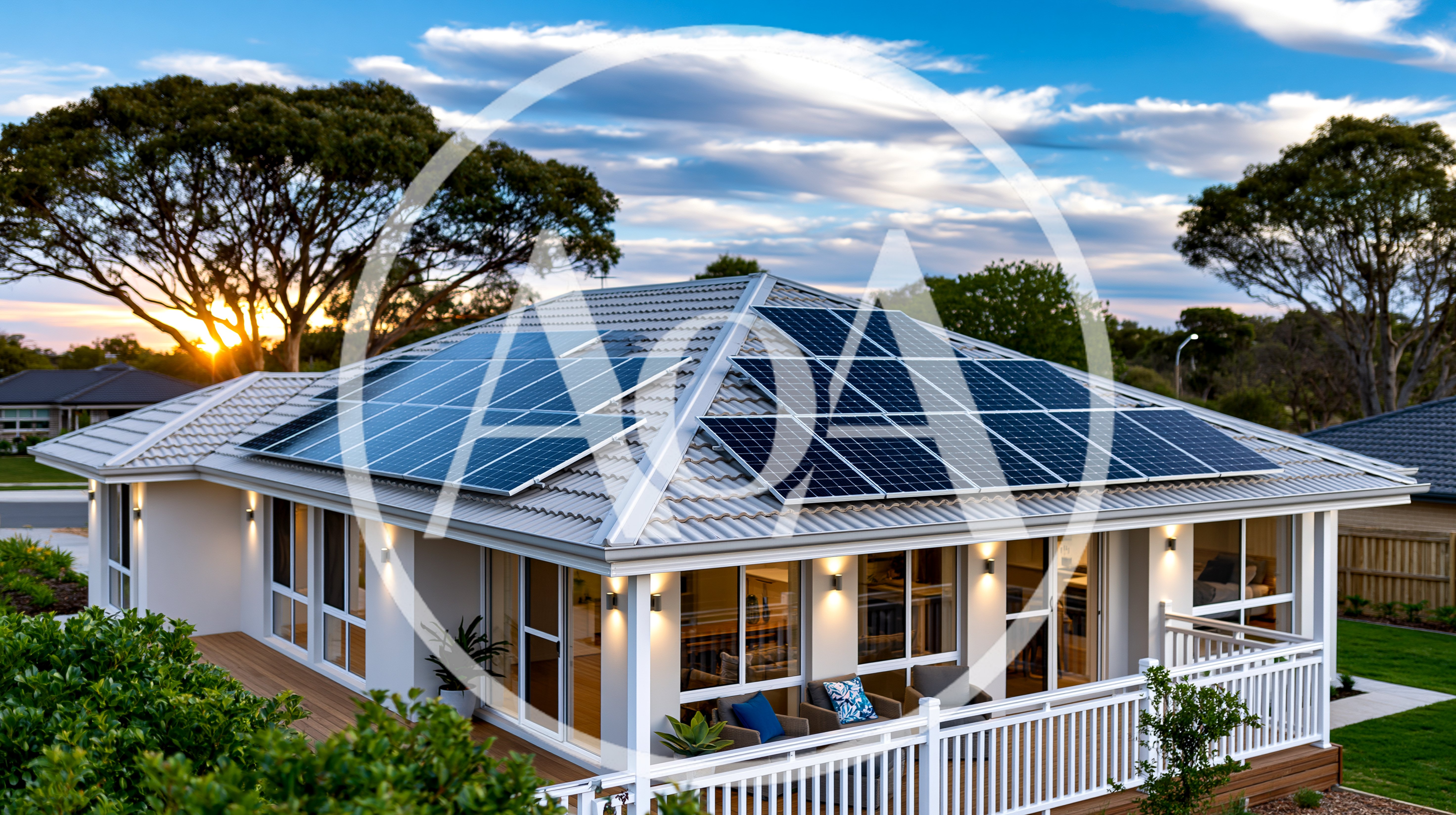 Modern House With Solar Panels At Sunset