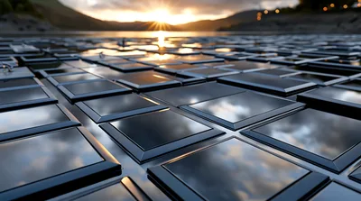 Floating Solar Panel Array On A Calm Lake