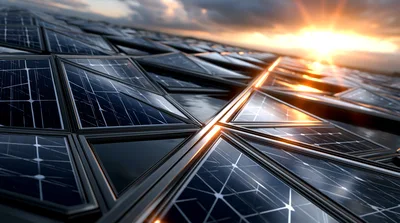 Close Up Of Geometric Solar Panel Array At Sunset