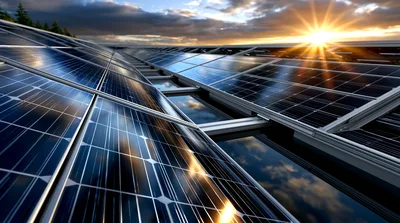 Solar Panels Array Under A Golden Sunset