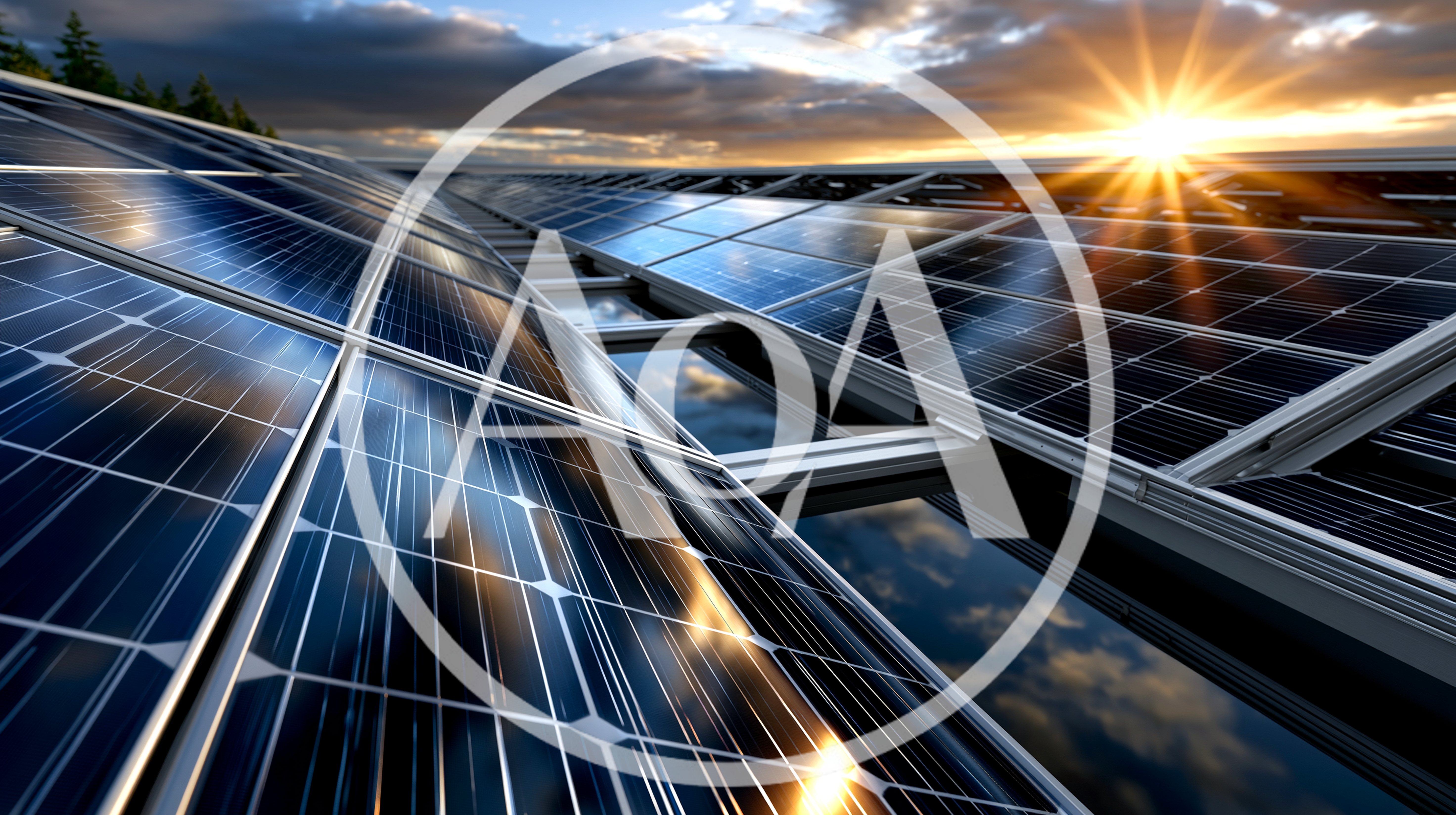 Solar Panels Array Under A Golden Sunset