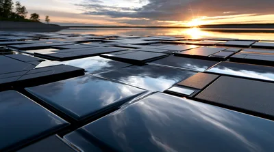 Abstract Geometric Tiles Reflecting Sunset Over Water