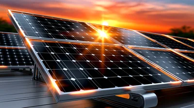 Solar Panels Generating Renewable Energy At Sunset