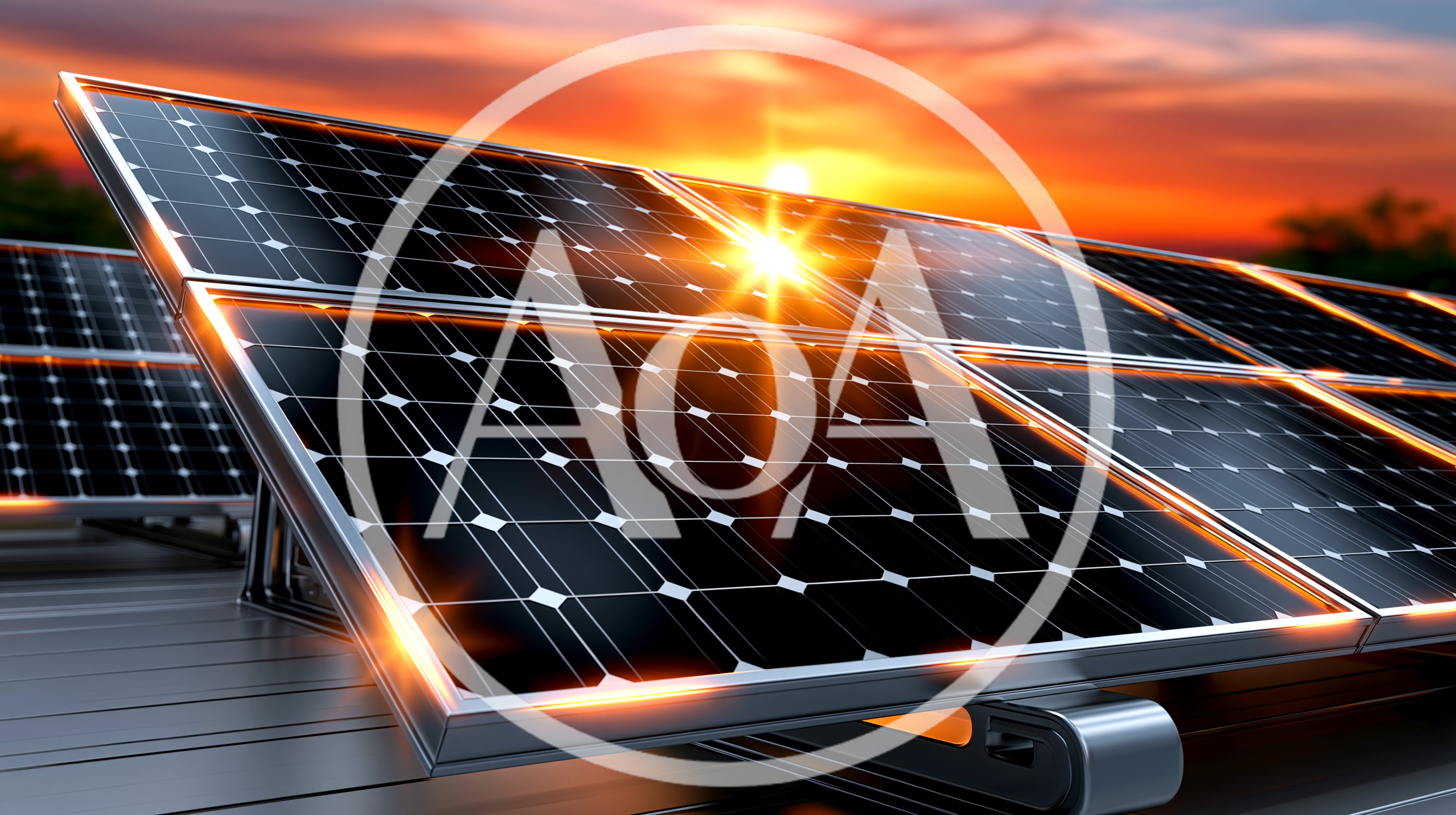 Solar Panels Generating Renewable Energy At Sunset