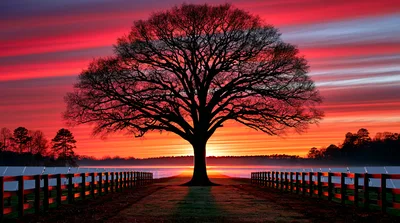 Majestic Oak Tree At Sunset Over A Misty Field
