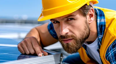 Solar Technician Inspecting Photovoltaic Panel On Rooftop