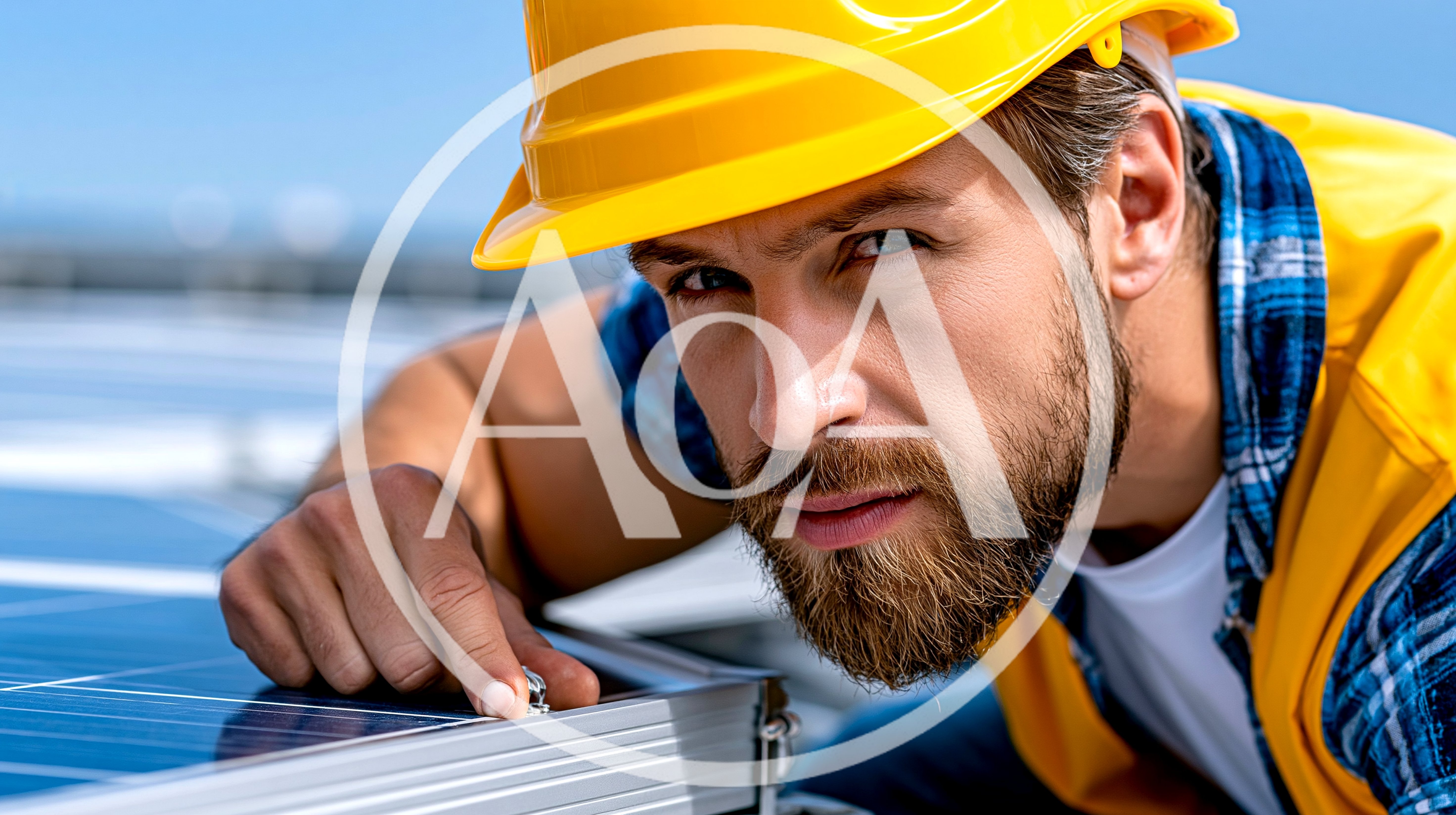 Solar Technician Inspecting Photovoltaic Panel On Rooftop