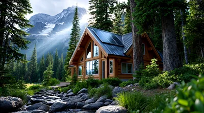 Log Cabin With Solar Panels Near Mountain Stream