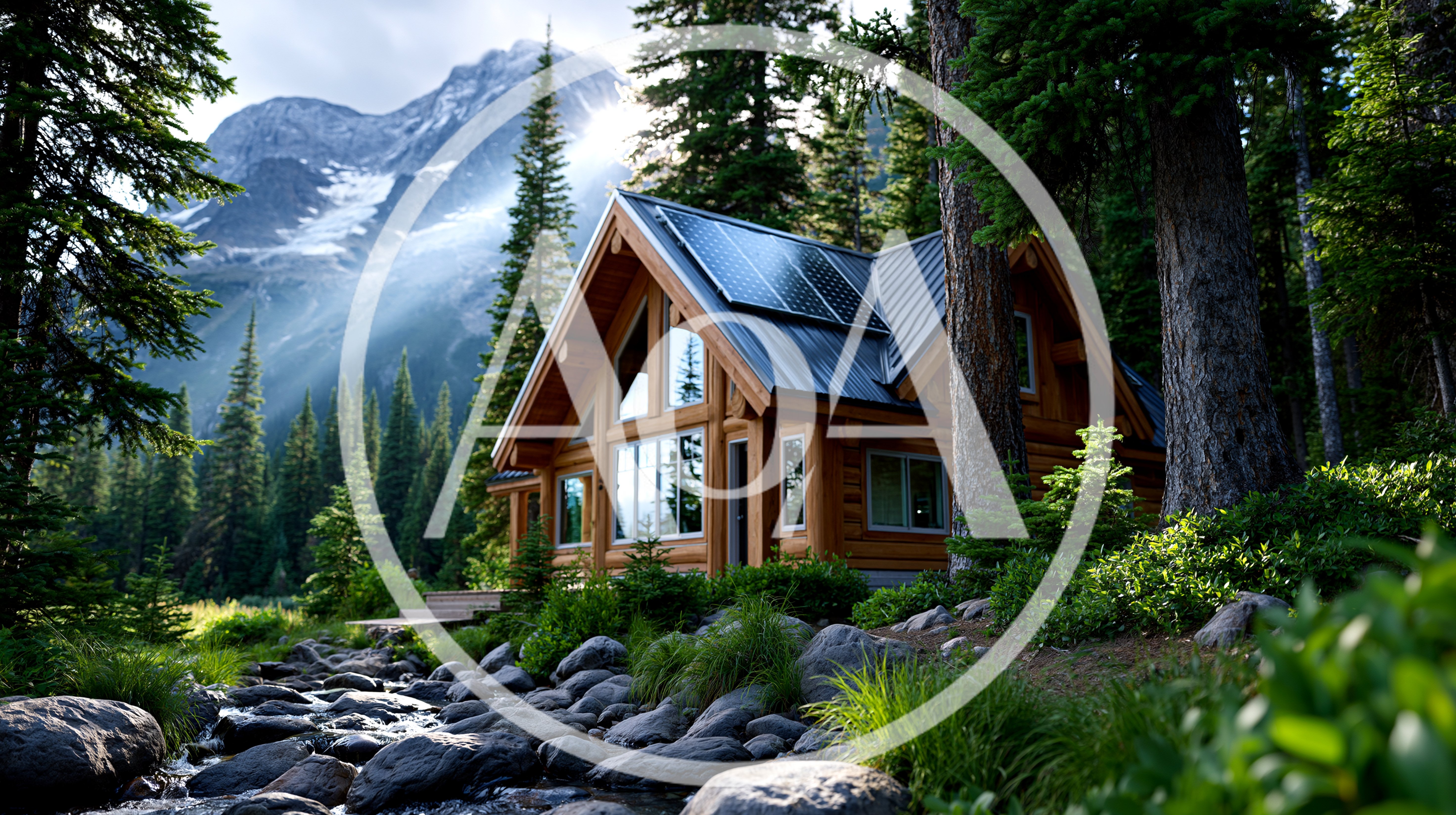 Log Cabin With Solar Panels Near Mountain Stream