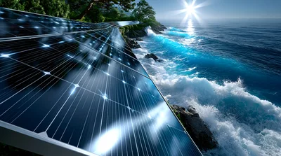 Solar Panels Installed Along A Rocky Coastal Shoreline