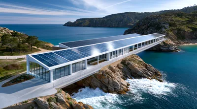 Modern Solar Powered Building Overlooking Coastal Ocean Waters