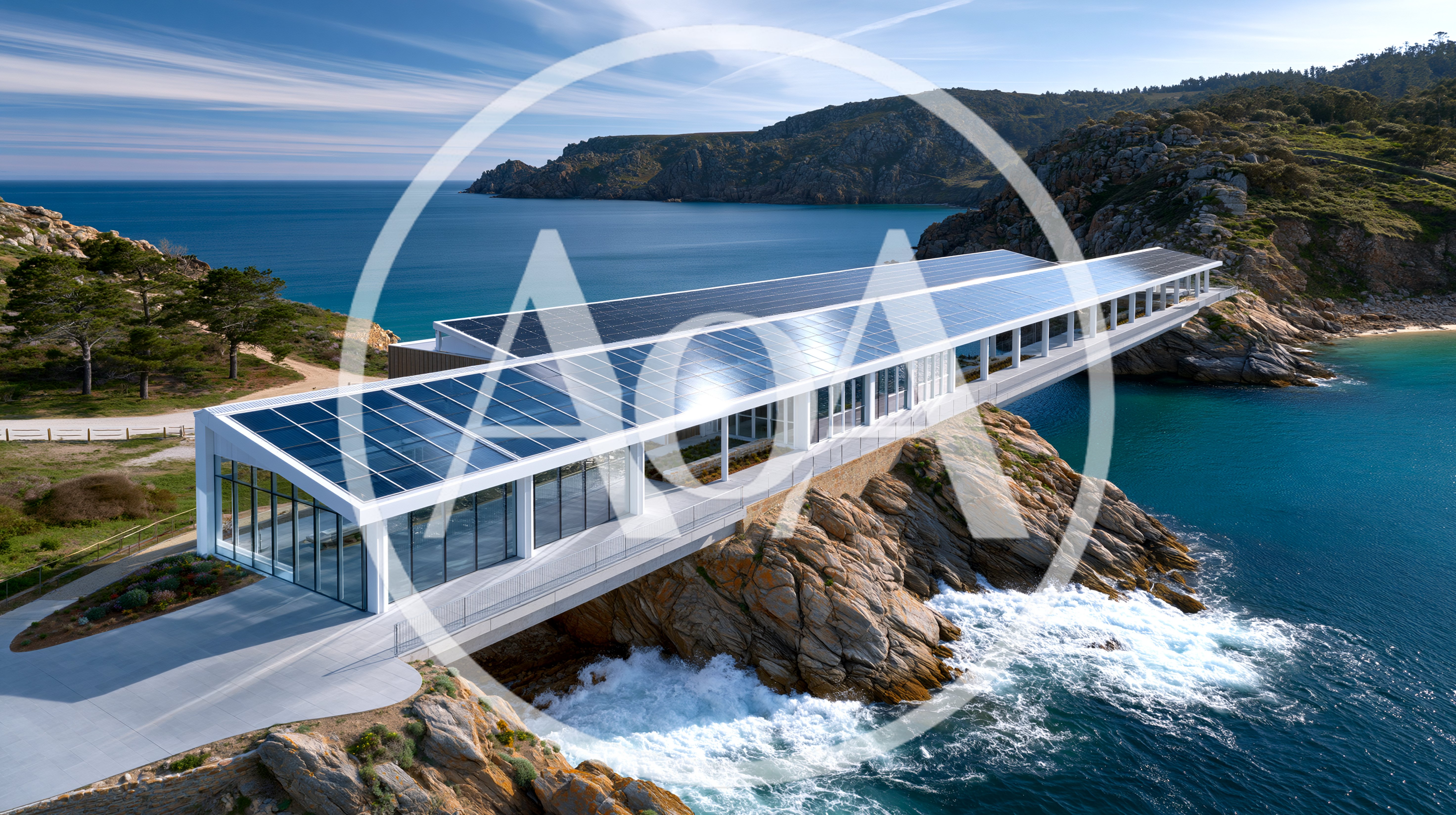 Modern Solar Powered Building Overlooking Coastal Ocean Waters