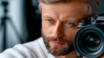 Professional Photographer Holding Camera In Studio