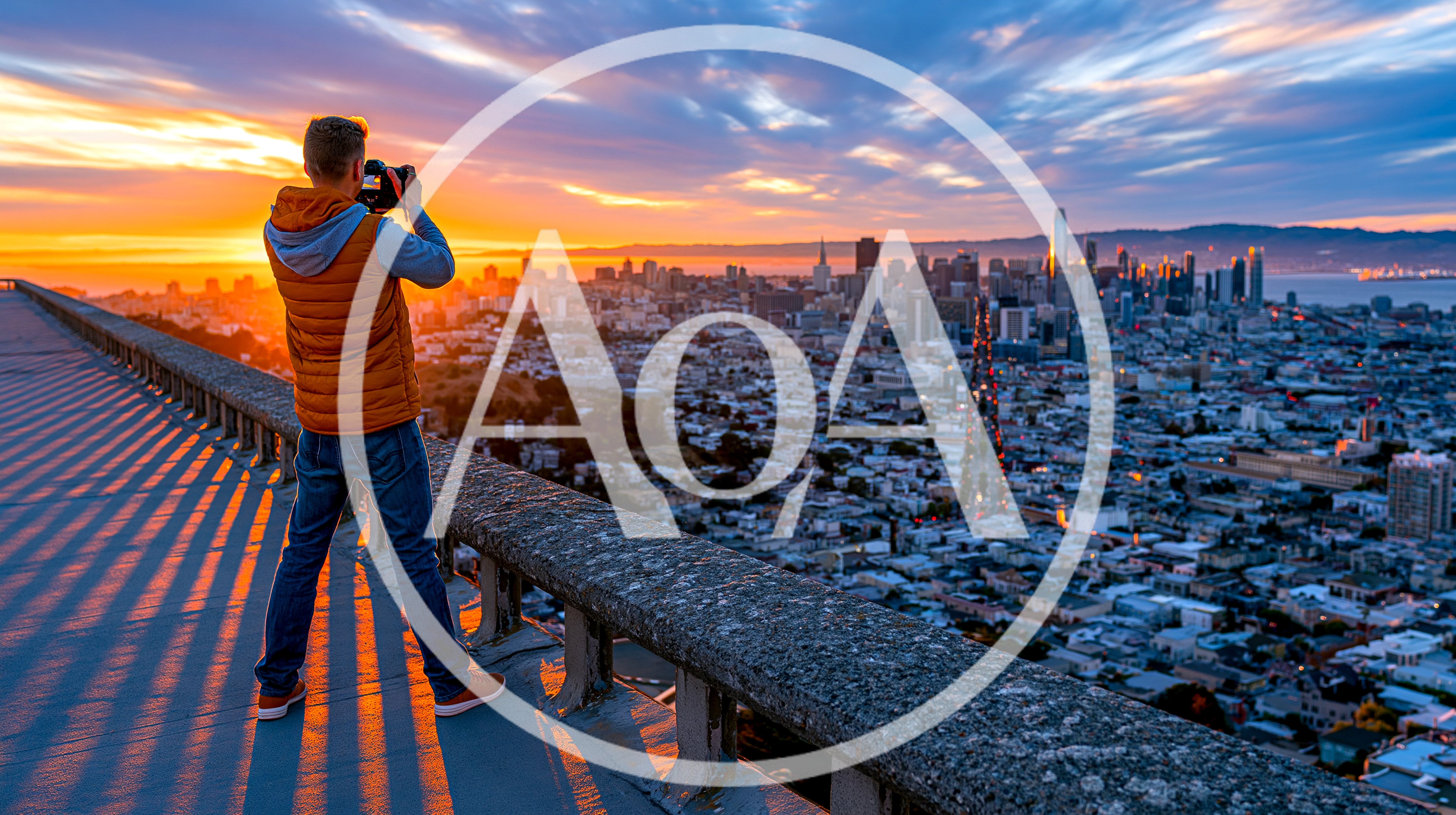 Photographer Capturing Sunset Over San Francisco Skyline