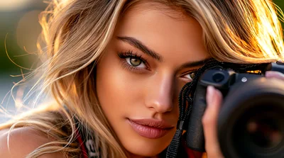 Beautiful Blonde Woman Holding A Professional DSLR Camera
