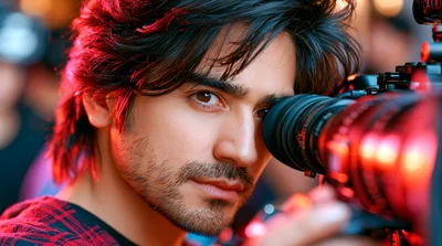 Young Male Videographer Filming With Professional Cinema Camera