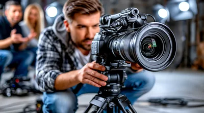 Professional Videographer Operating Cinema Camera On Tripod