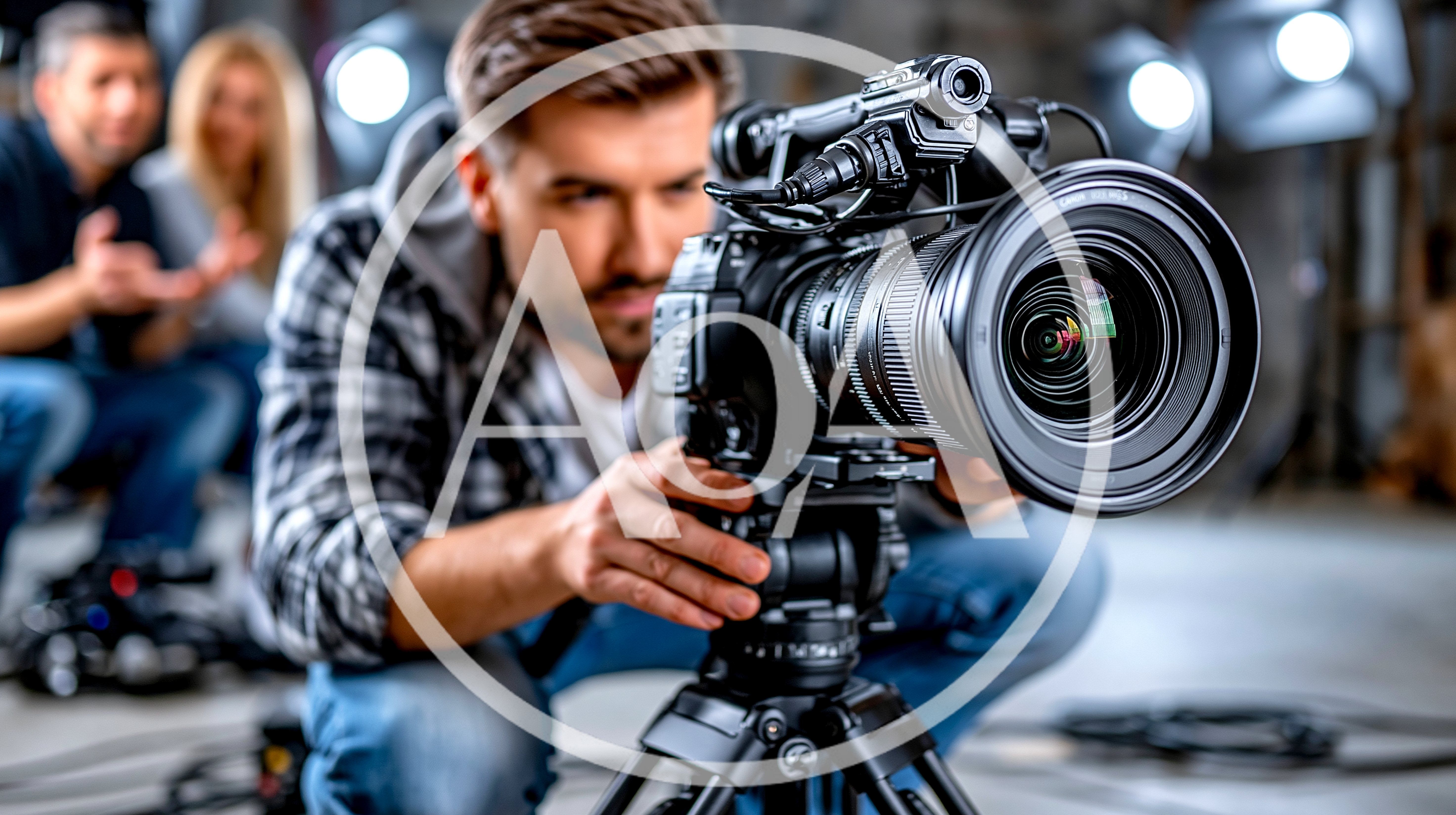 Professional Videographer Operating Cinema Camera On Tripod