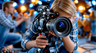 Young Videographer Operating Professional Cinema Camera On Set