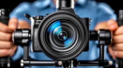 Videographer Holding Professional Camera On Gimbal Stabilizer