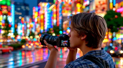 Young Photographer Capturing Vibrant Tokyo City Night Lights
