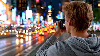Young Photographer Capturing Nighttime Cityscape In Times Square