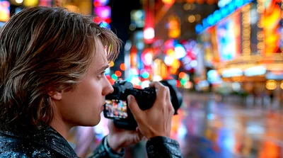 Young Photographer Capturing Nighttime City Lights In Times Square