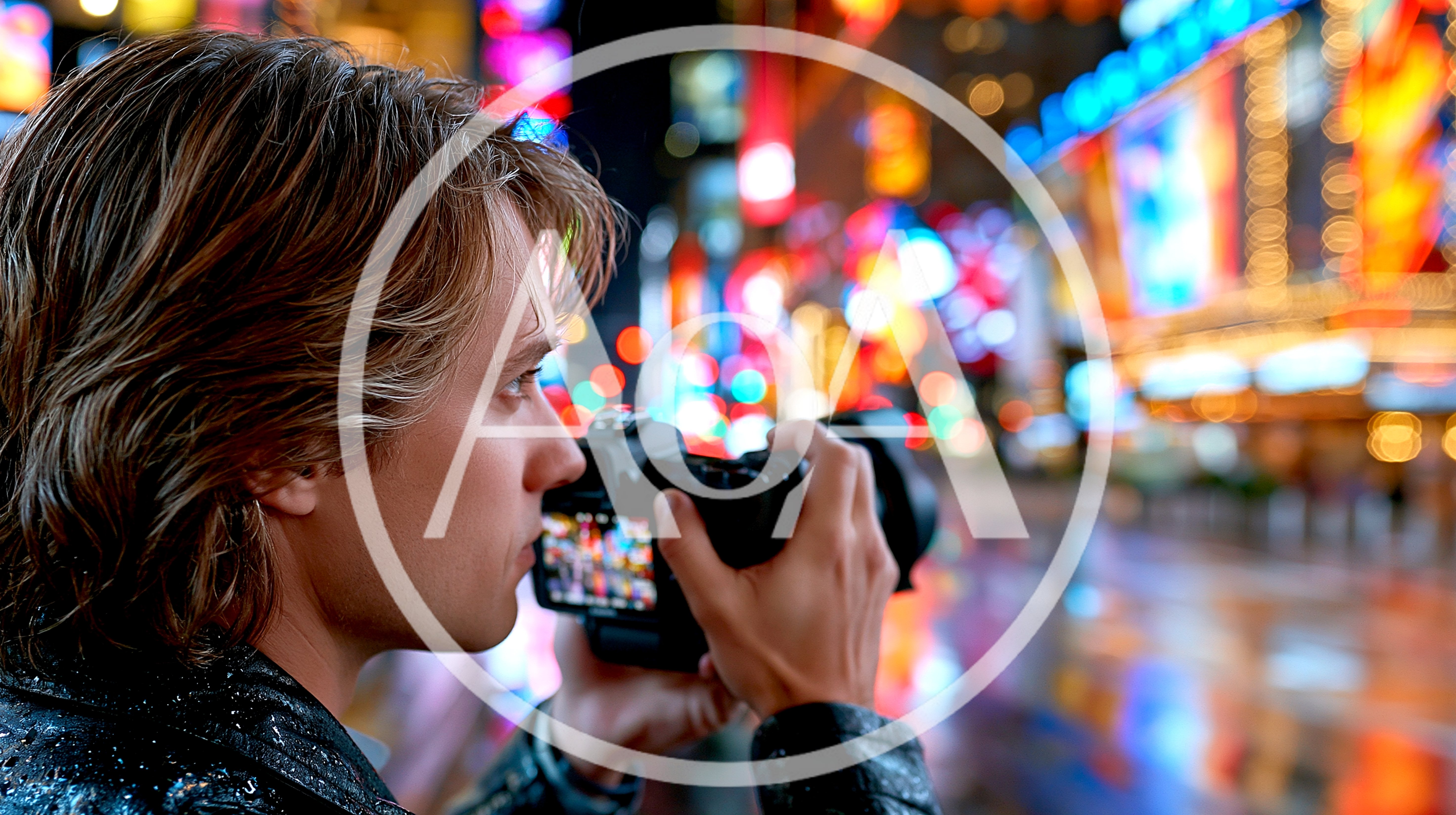 Young Photographer Capturing Nighttime City Lights In Times Square