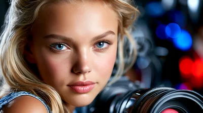 Young Blonde Woman Holding Professional Camera