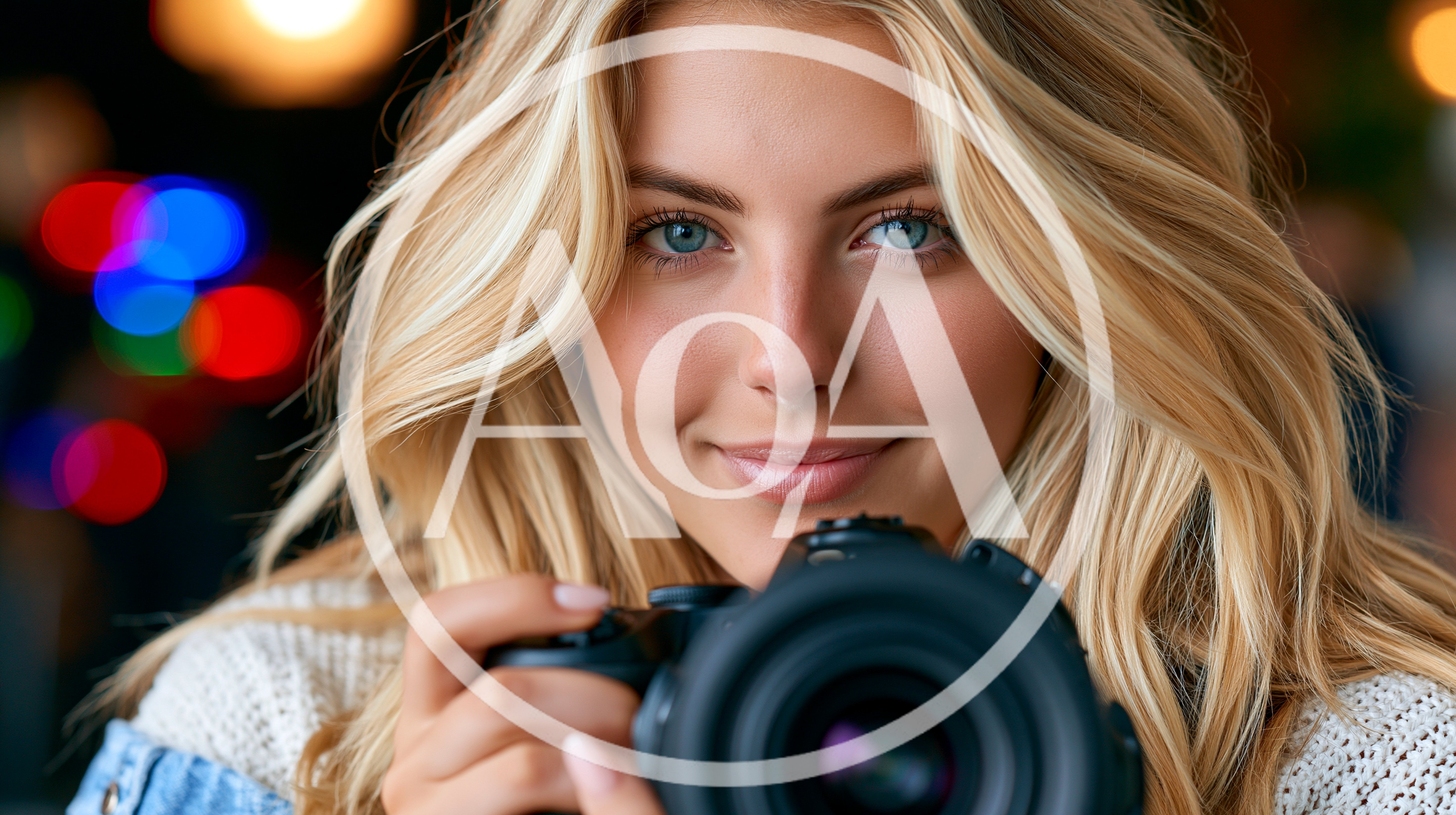 Young Blonde Woman Holding A Professional DSLR Camera