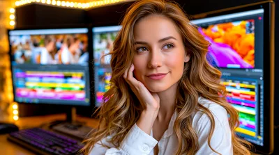 Young Female Video Editor Working At Computer Workstation