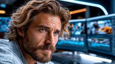 Focused Male Video Editor Working At Computer Workstation