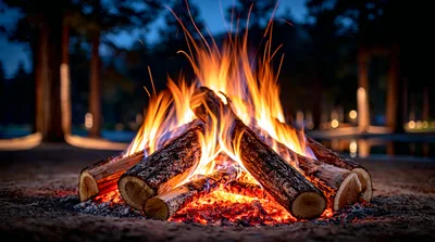 Bright Campfire Burning With Glowing Embers At Night
