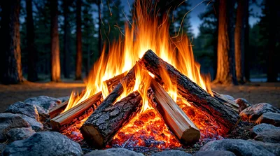 Bright Campfire Burning In A Forest Clearing