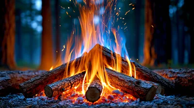 Bright Campfire Burning In A Dark Forest