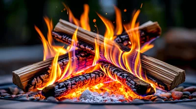Burning Wood Logs In A Backyard Fire Pit