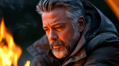Middle Aged Man Sitting By A Campfire At Night