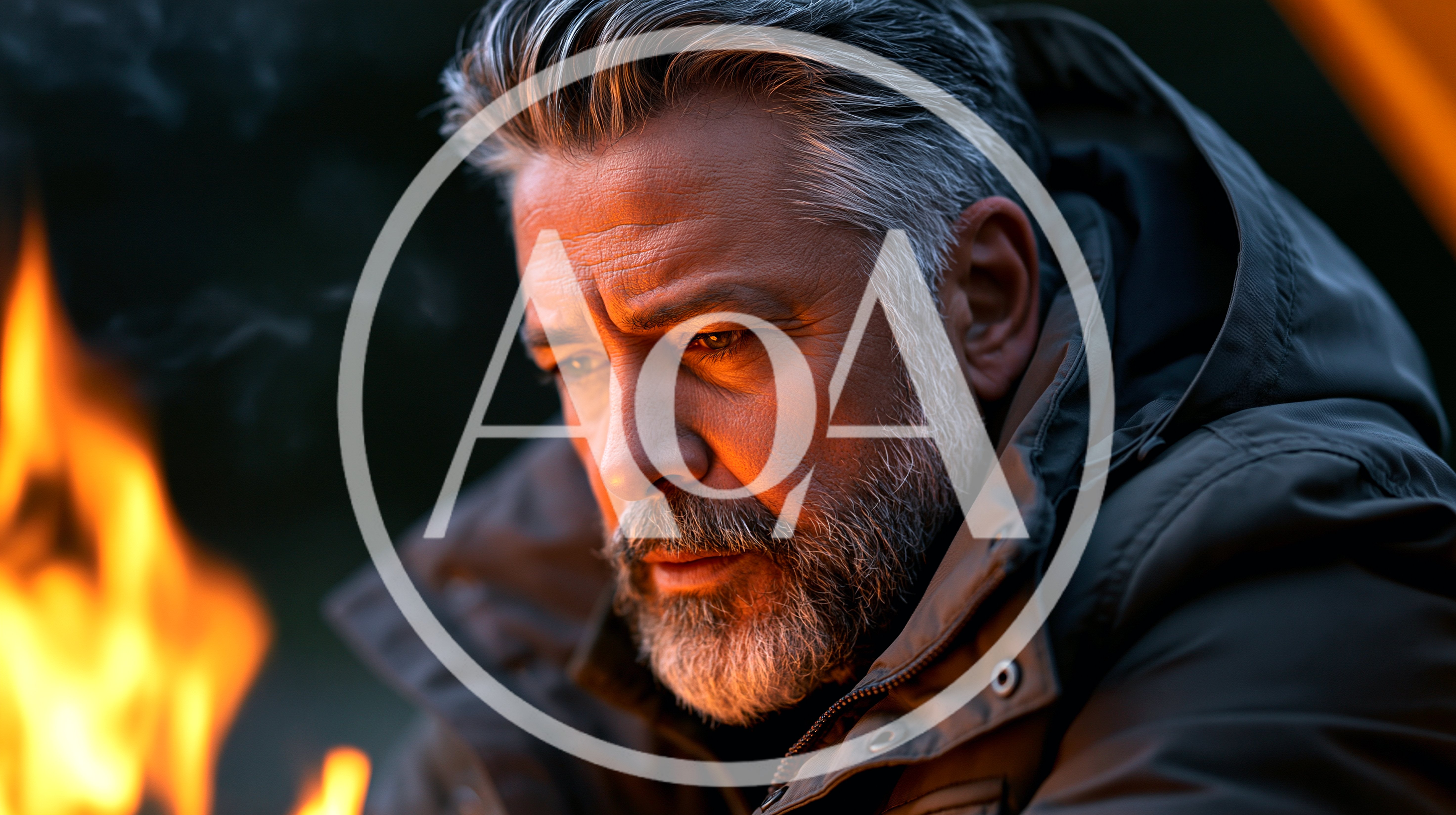 Middle Aged Man Sitting By A Campfire At Night