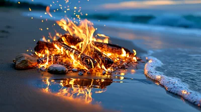 Bonfire Burning On A Sandy Beach At Twilight