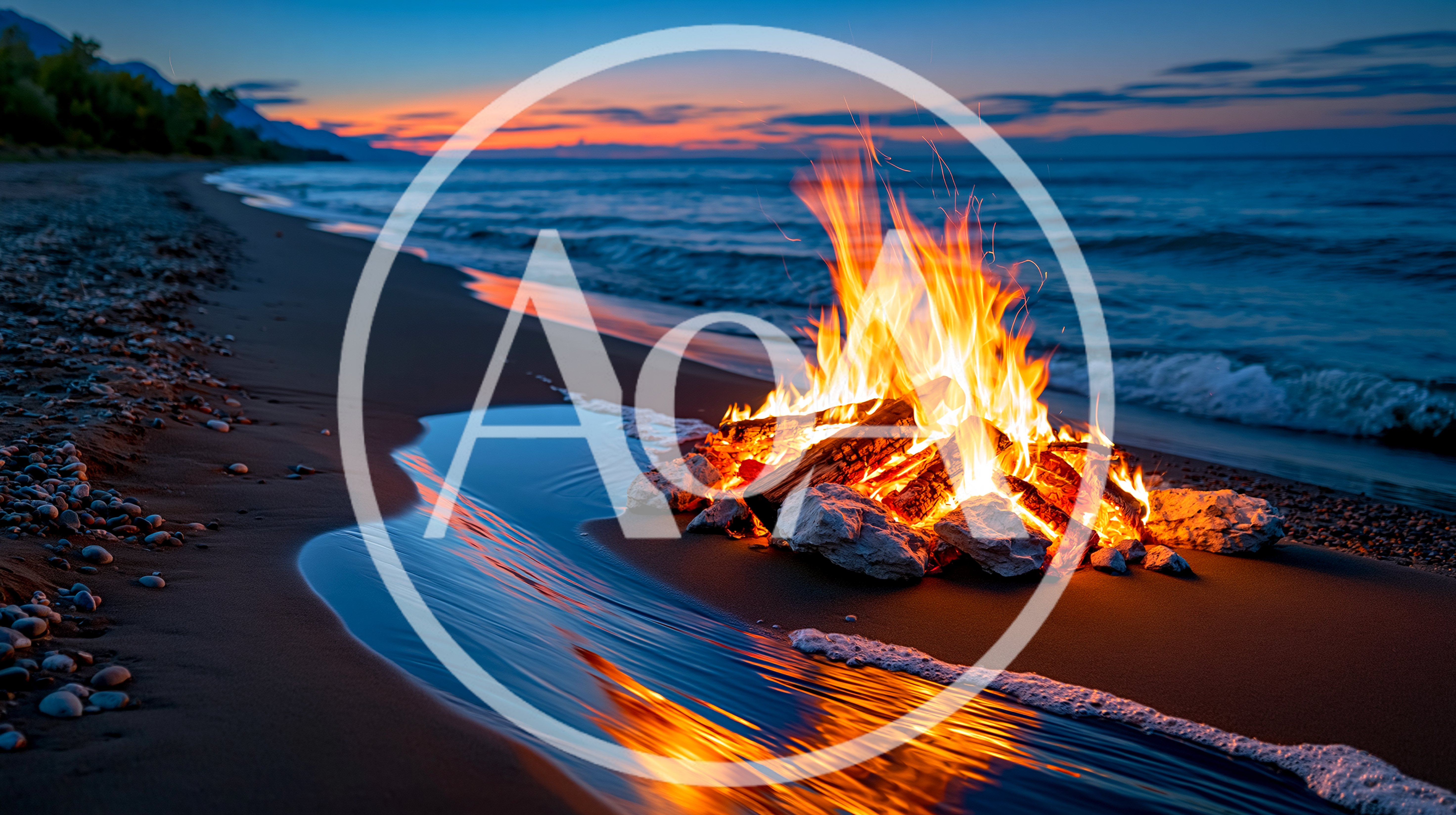 Bonfire Burning on a Rocky Beach at Sunset