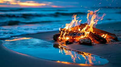 Bonfire Burning On A Sandy Beach At Twilight