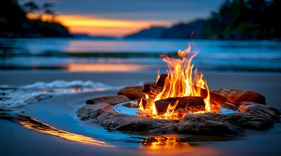 Bonfire Burning on a Sandy Beach at Sunset