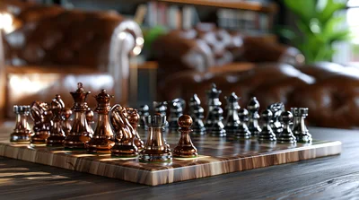 Metallic Chess Pieces Set On A Wooden Board