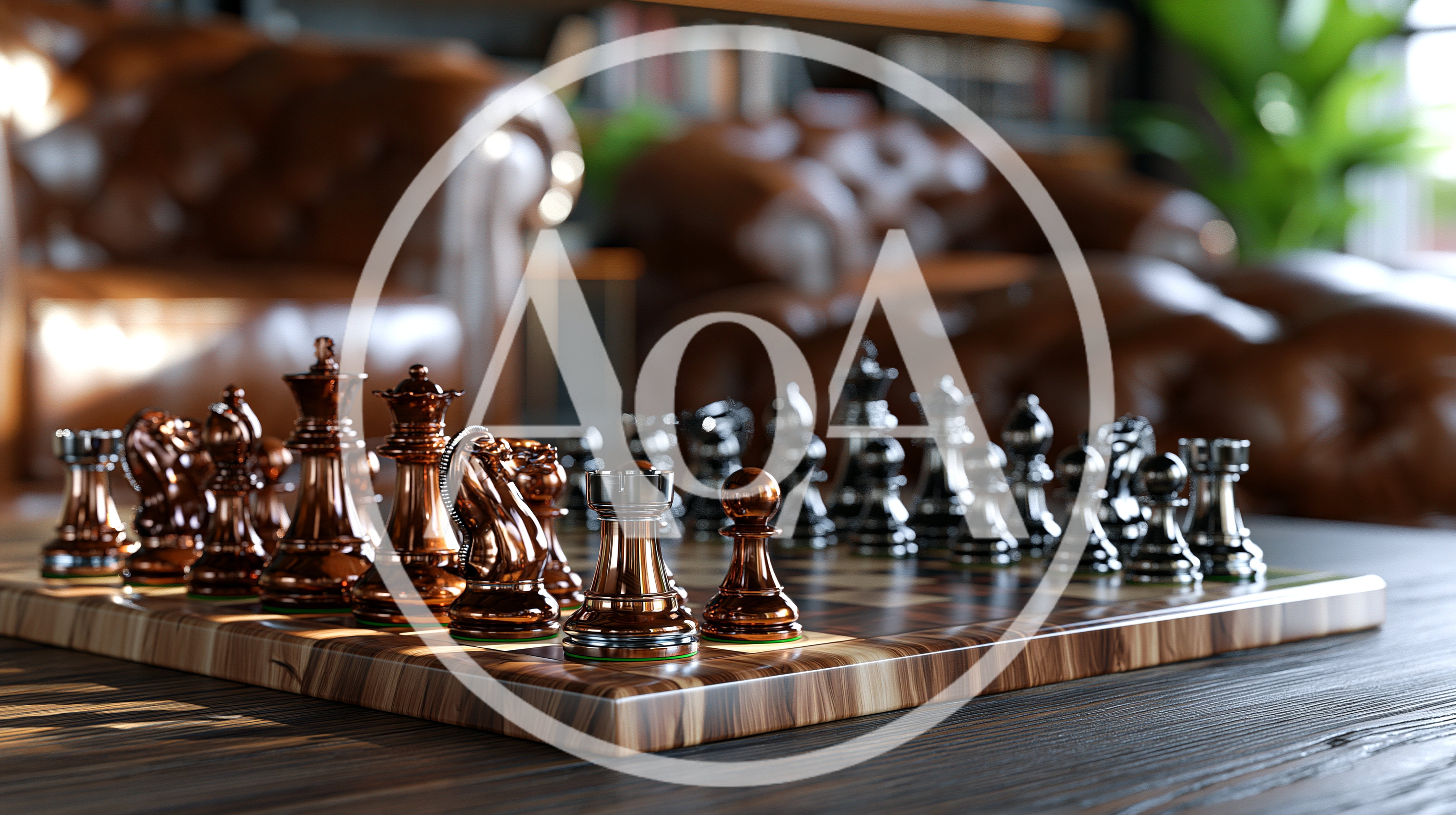 Metallic Chess Pieces Set On A Wooden Board