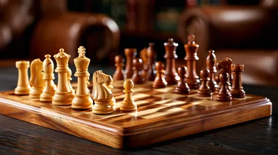 Wooden Chess Set Arranged On A Polished Board
